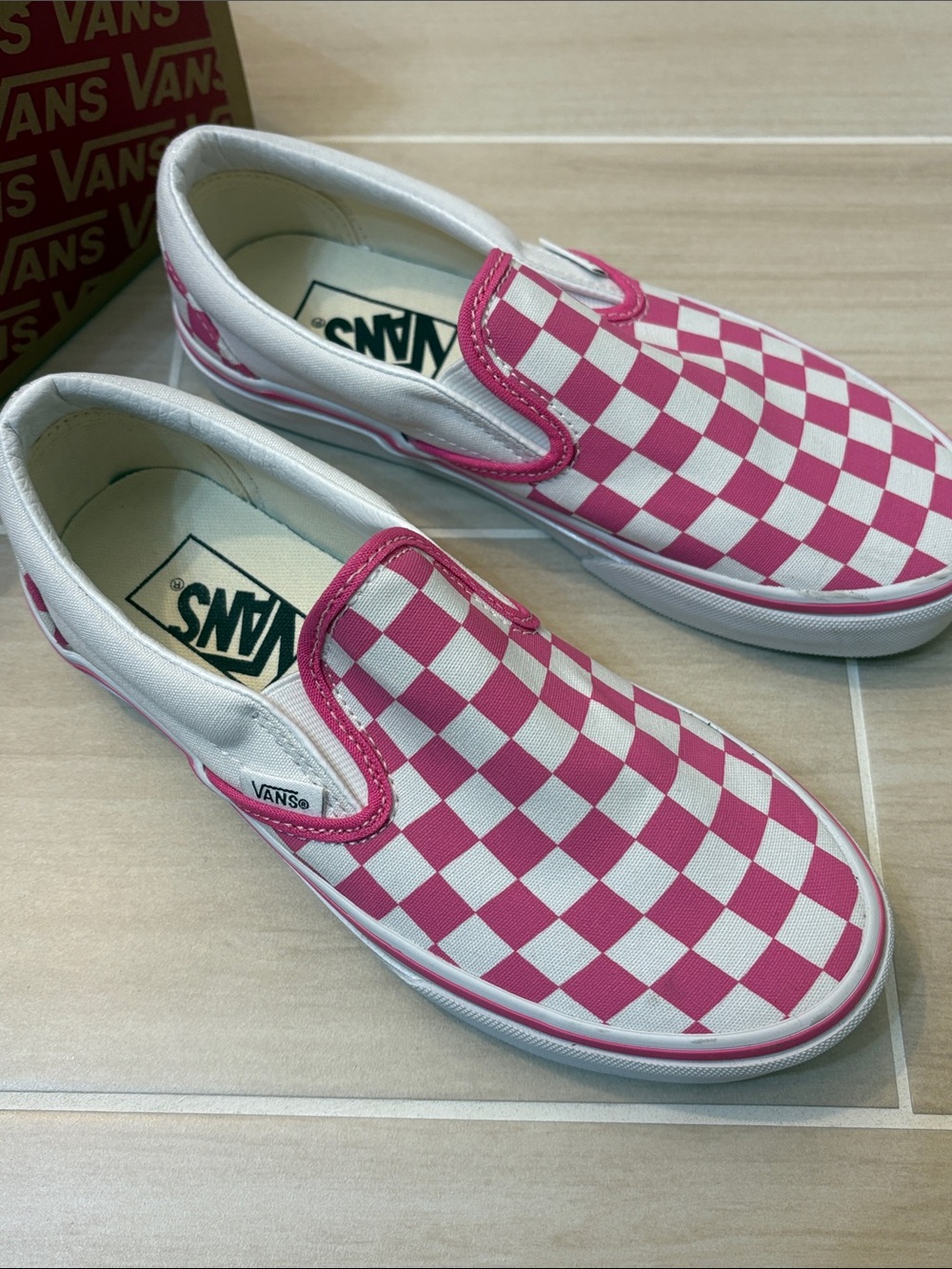 Vans Pink & White Checkerboard Slip-On Sneakers - Picture 5 of 9